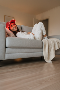Woman lying on a sofa wearing the LumiVida Red Light Therapy Cap with glowing red LEDs, smiling happily in a cosy living room setting